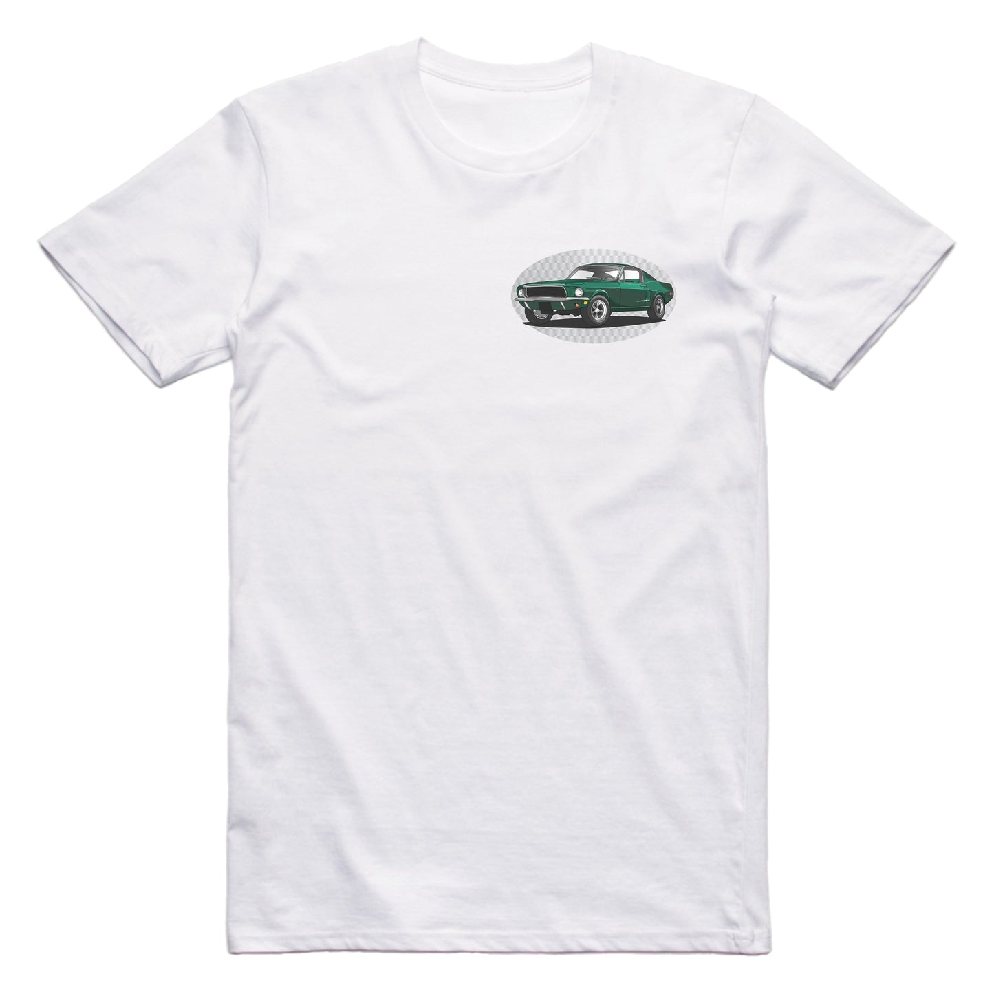Bullitt Ford Mustang Famous Car Chest Logo T-shirt White / S Famous Car T-Shirt