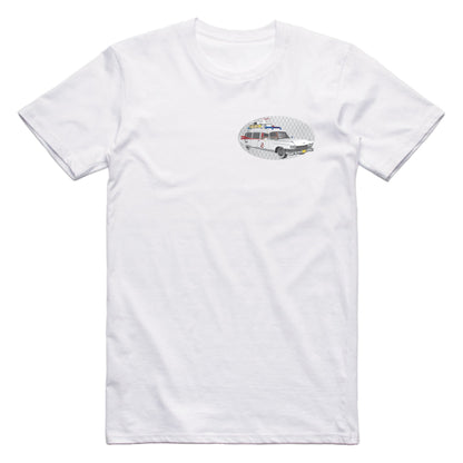 Ghostbusters Cadillac ECTO-1 Famous Car Chest Logo T-shirt White / S Famous Car T-Shirt