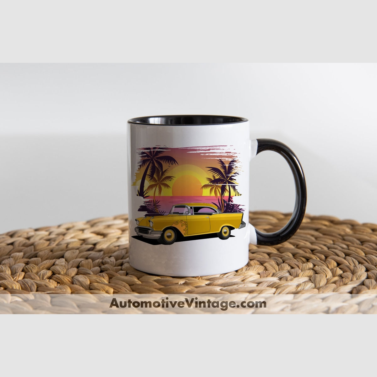 Return To Macon County 1957 Chevy Famous Car Coffee Mug Black & White Two Tone