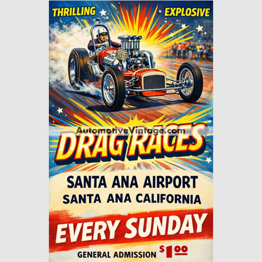 Santa Ana Airport California Vintage Style Drag Racing Advertisement 8.5’’ x 11’’ Drag Racing Advertisement Poster