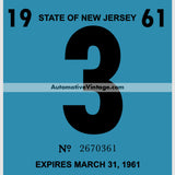 Vintage 1961 New Jersey Windshield Inspection Sticker 3 - March