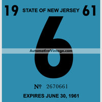 Vintage 1961 New Jersey Windshield Inspection Sticker 6 - June