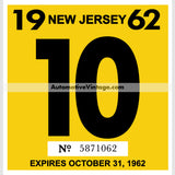 Vintage 1962 New Jersey Windshield Inspection Sticker 10 - October