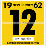 Vintage 1962 New Jersey Windshield Inspection Sticker 12 - December