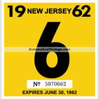 Vintage 1962 New Jersey Windshield Inspection Sticker 6 - June