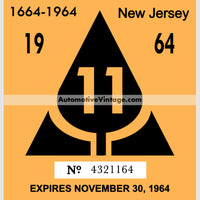 Vintage 1964 New Jersey Windshield Inspection Sticker 11 - November