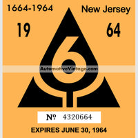 Vintage 1964 New Jersey Windshield Inspection Sticker 6 - June