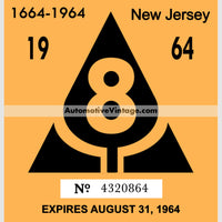 Vintage 1964 New Jersey Windshield Inspection Sticker 8 - August