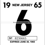 Vintage 1965 New Jersey Windshield Inspection Sticker 6 - June