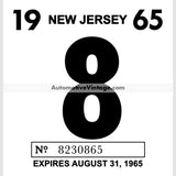 Vintage 1965 New Jersey Windshield Inspection Sticker 8 - August