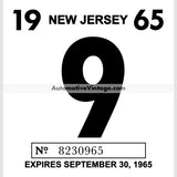 Vintage 1965 New Jersey Windshield Inspection Sticker 9 -September