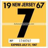 Vintage 1967 New Jersey Windshield Inspection Sticker 7 - July