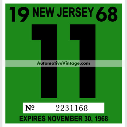 Vintage 1968 New Jersey Windshield Inspection Sticker 11 - November