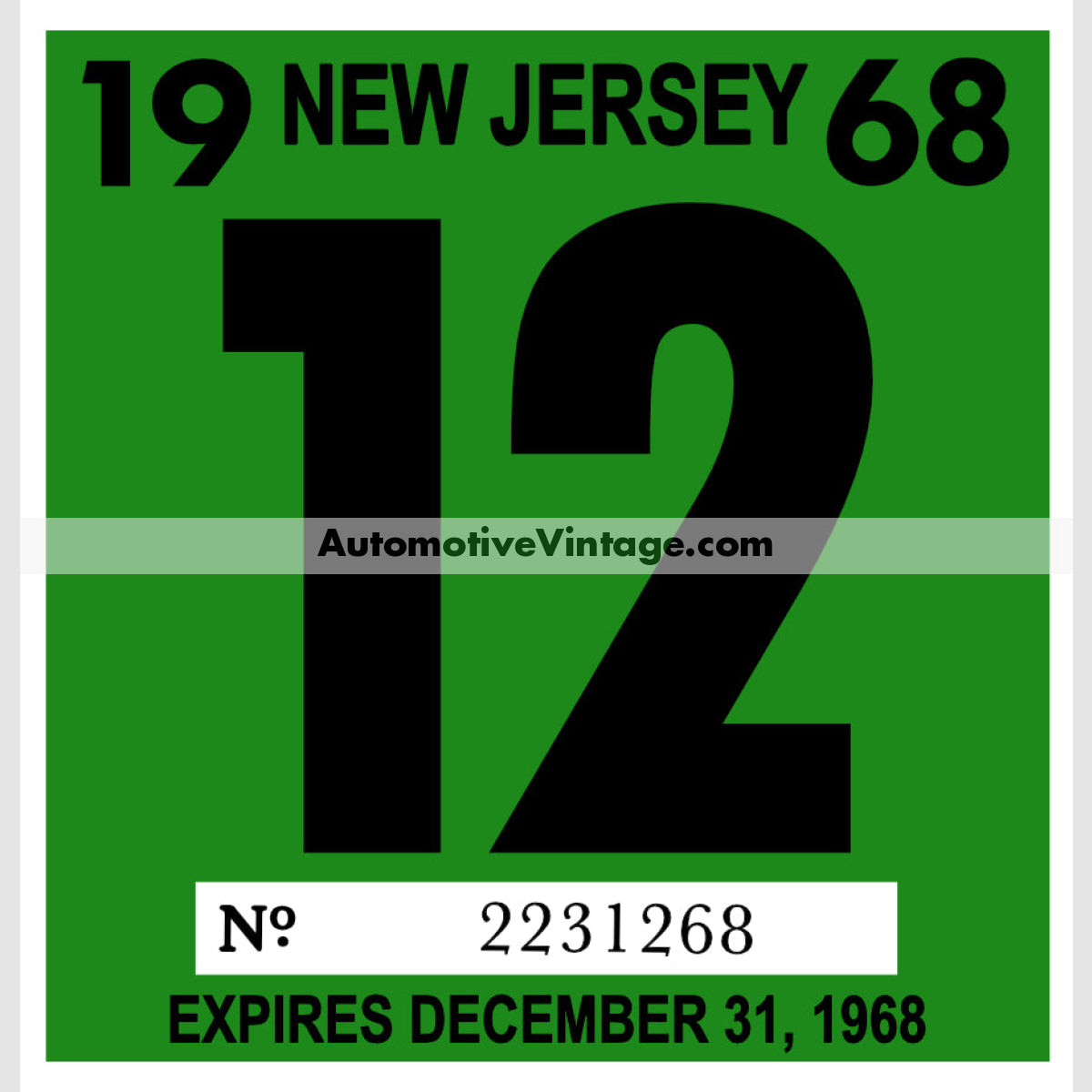 Vintage 1968 New Jersey Windshield Inspection Sticker 12 - December