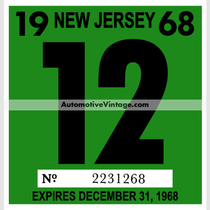Vintage 1968 New Jersey Windshield Inspection Sticker 12 - December
