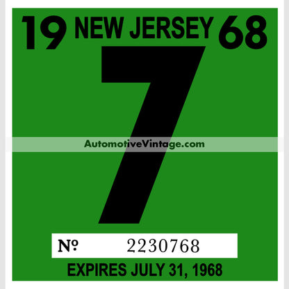 Vintage 1968 New Jersey Windshield Inspection Sticker 7 - July