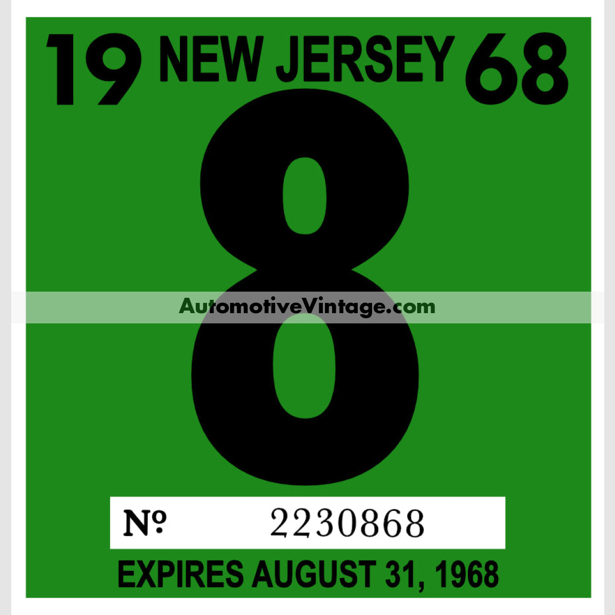 Vintage 1968 New Jersey Windshield Inspection Sticker 8 - August
