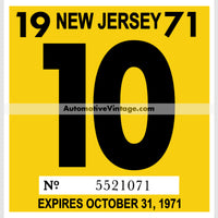 Vintage 1971 New Jersey Windshield Inspection Sticker 10 - October