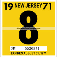 Vintage 1971 New Jersey Windshield Inspection Sticker 8 - August