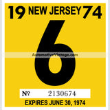 Vintage 1974 New Jersey Windshield Inspection Sticker 6 - June