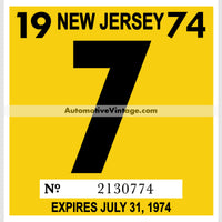 Vintage 1974 New Jersey Windshield Inspection Sticker 7 - July