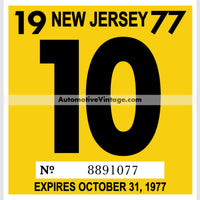 Vintage 1977 New Jersey Windshield Inspection Sticker 10 - October